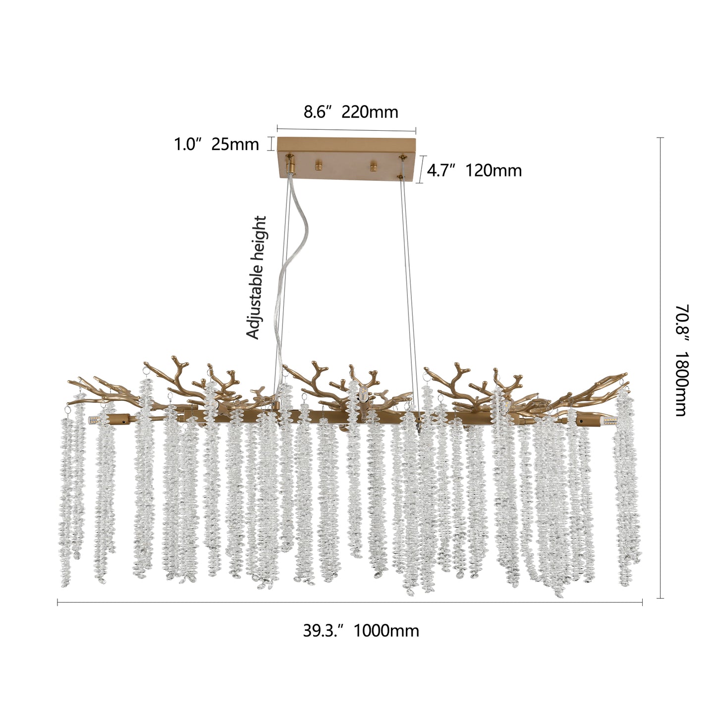 39-Inch Modern Gold Pendant Light with Cascading Crystal Strands - Living & Dining Room Fixture