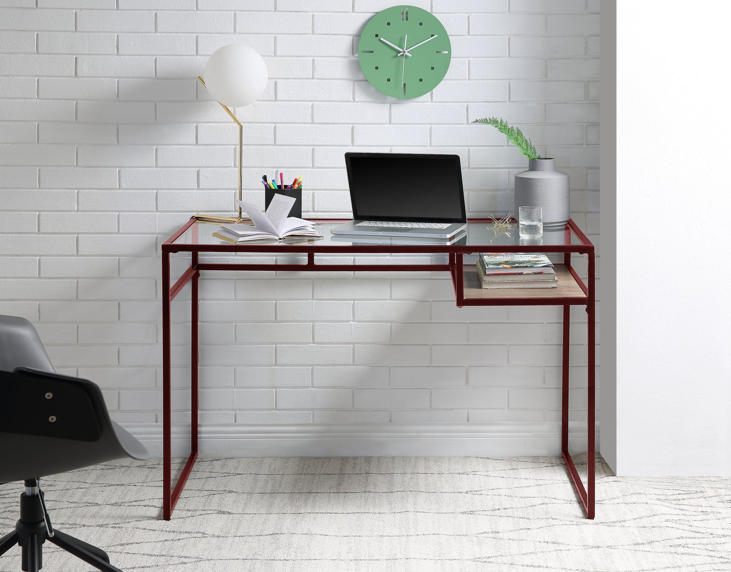 Yasin Red Finish Glass Top Writing Desk - 48x24 Inches