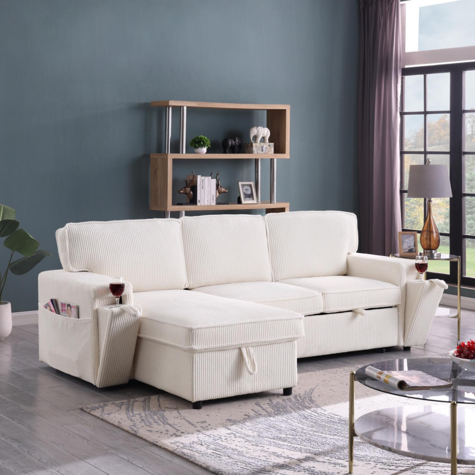Upholstery Sleeper Sectional Sofa with Storage - Beige
