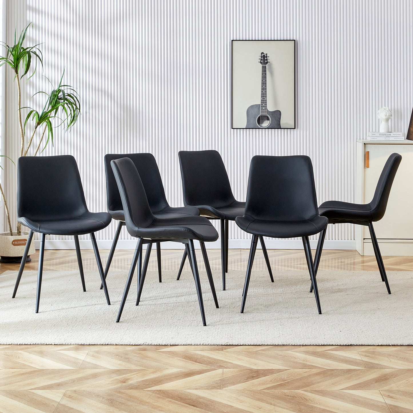 Black Artificial Leather Backrest Cushion Dining Chair, Metal Legs,