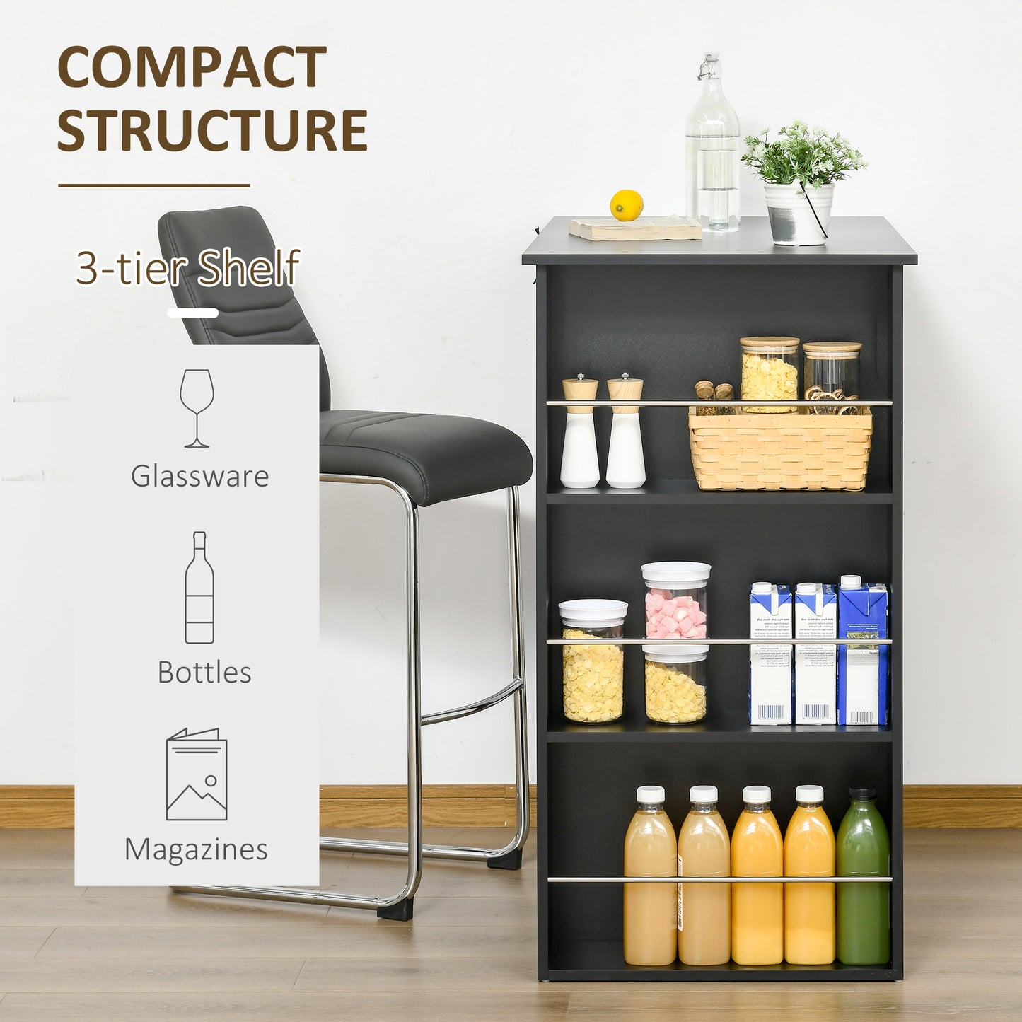 Counter Height Bar Table with 3 Storage Shelves - Black