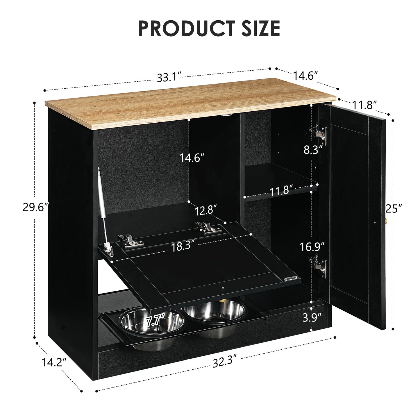 Elevated Pet Feeding Station with 2 Lockers & Side Hooks - Black+Vintage
