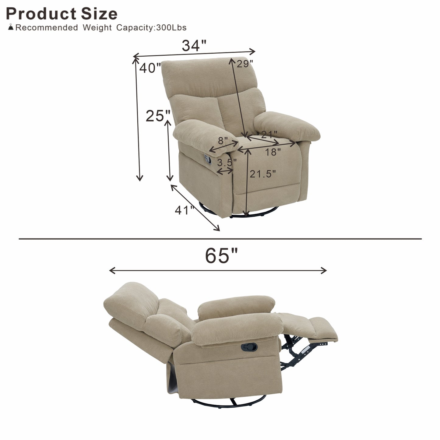 Modern Swivel Rocker Recliner Chair - Camel Fabric Armchair