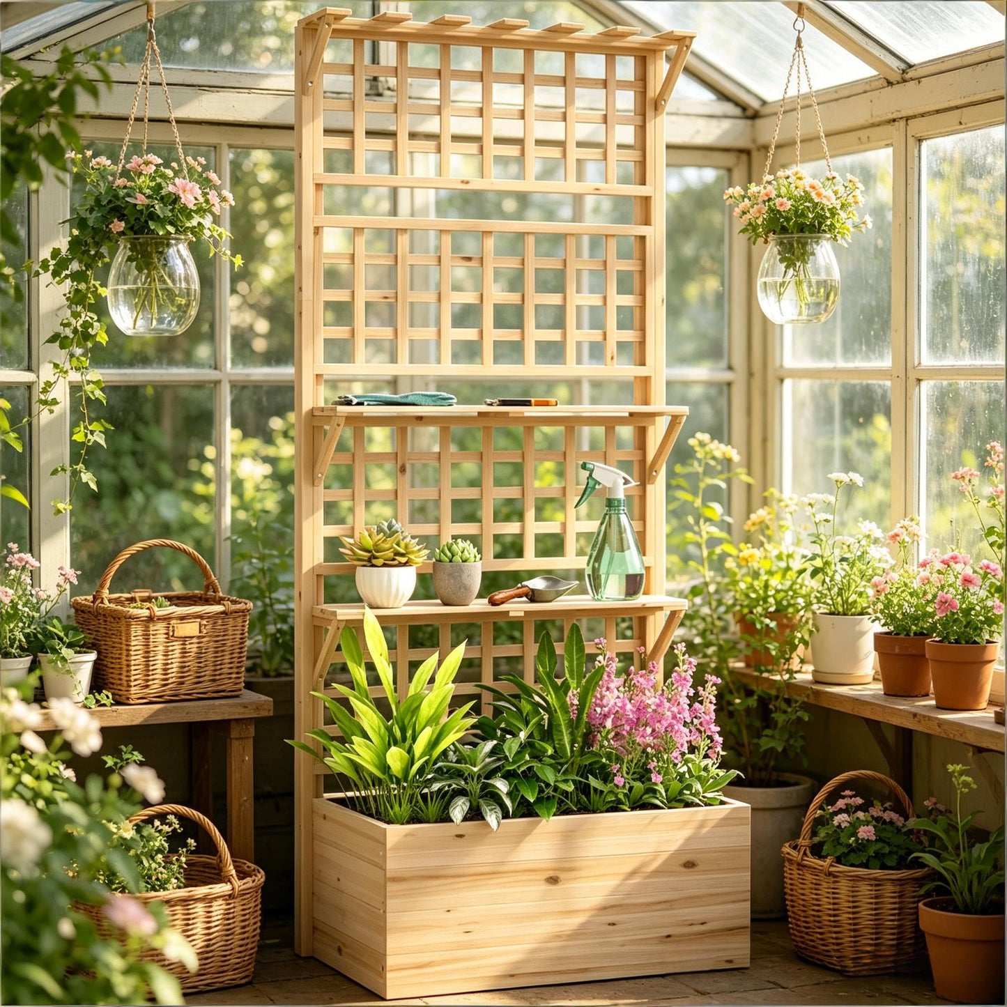 Elevated Wooden Planter Box with Trellis and Storage Shelves