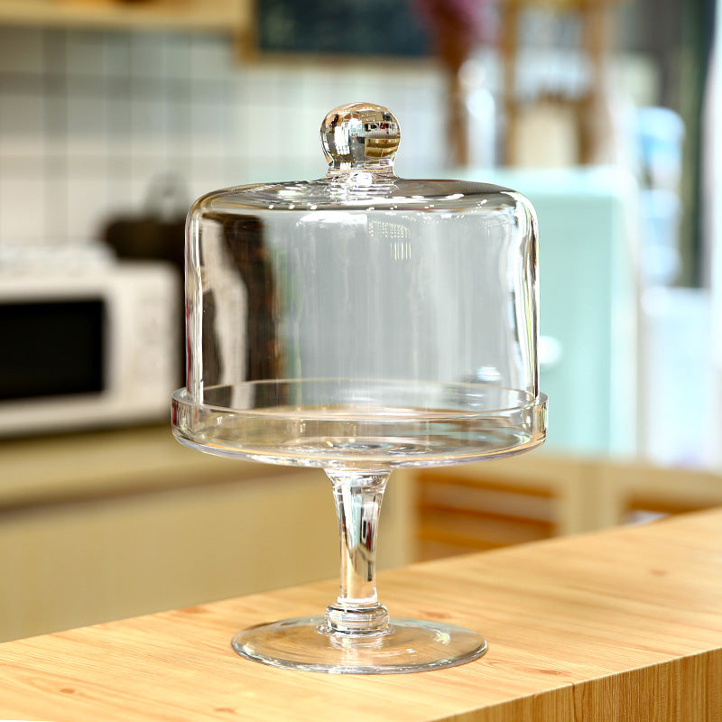 Large Glass Cake Tray with Transparent Dust Cover - European Style