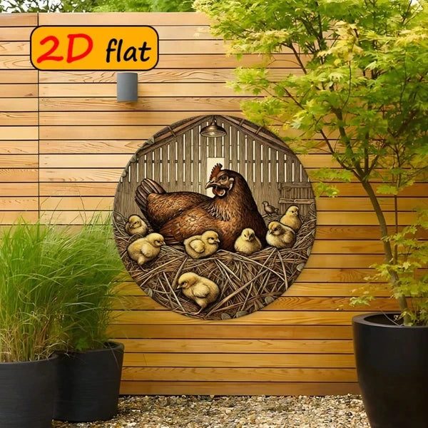2D Flat Round Hen and Chick Metal Sign - 7.87 Inch Outdoor Decor