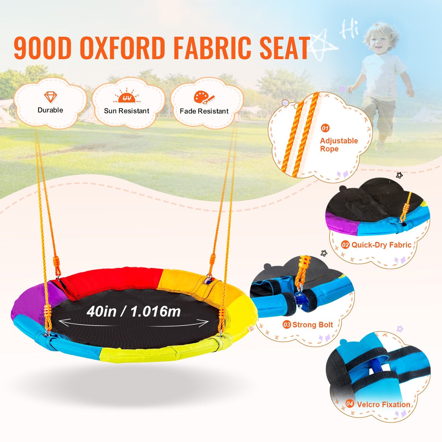 40-Inch Saucer Swing Set with Metal A-Frame Stand for Backyard - Orange