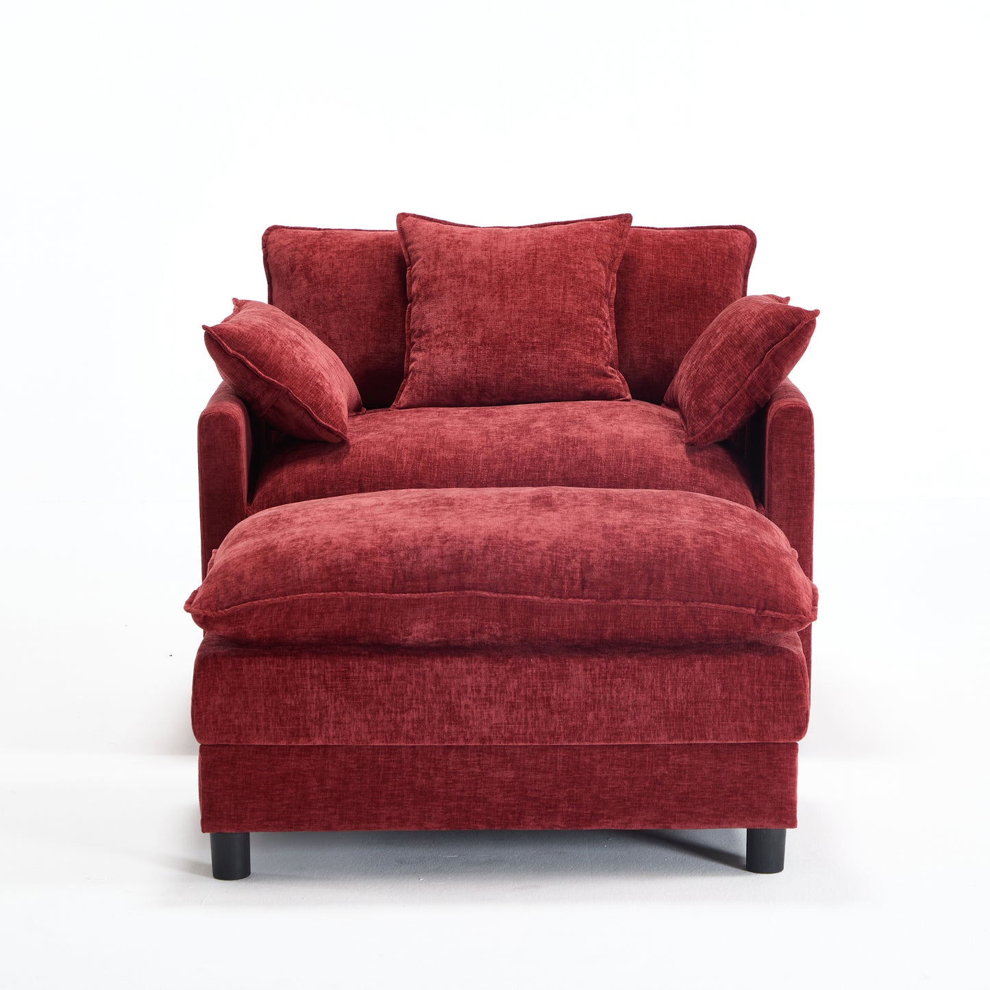 Modern Accent Chair with Ottoman - Wine Red Chenille Upholstery
