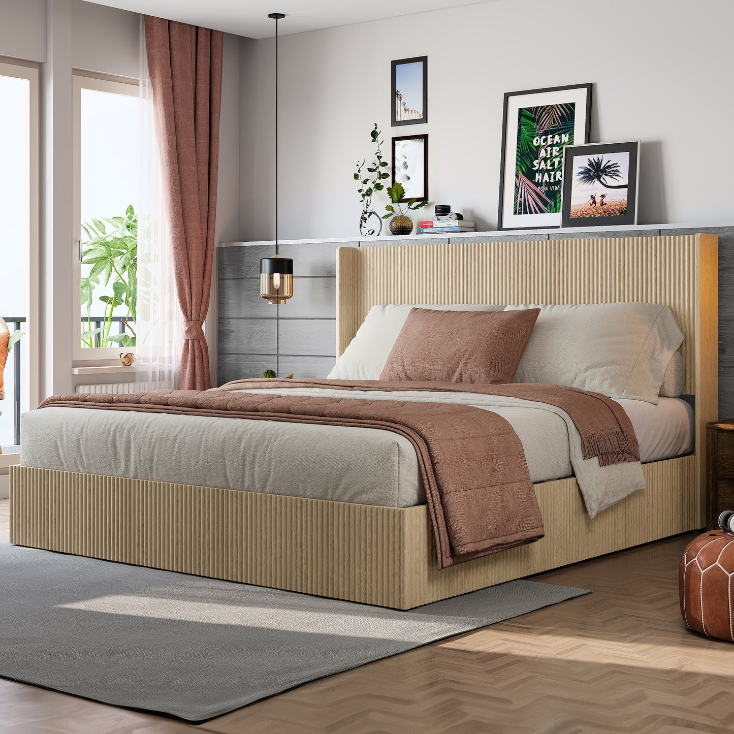 King Storage Bed Frame with Lifting Function - Oak Color
