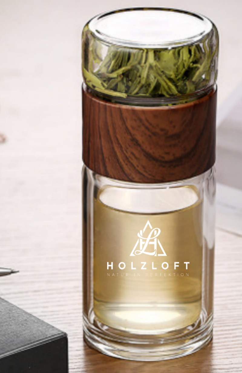 Customized Logo Double-Layer Glass Tea Cup 300ml with Wood Grain Cap