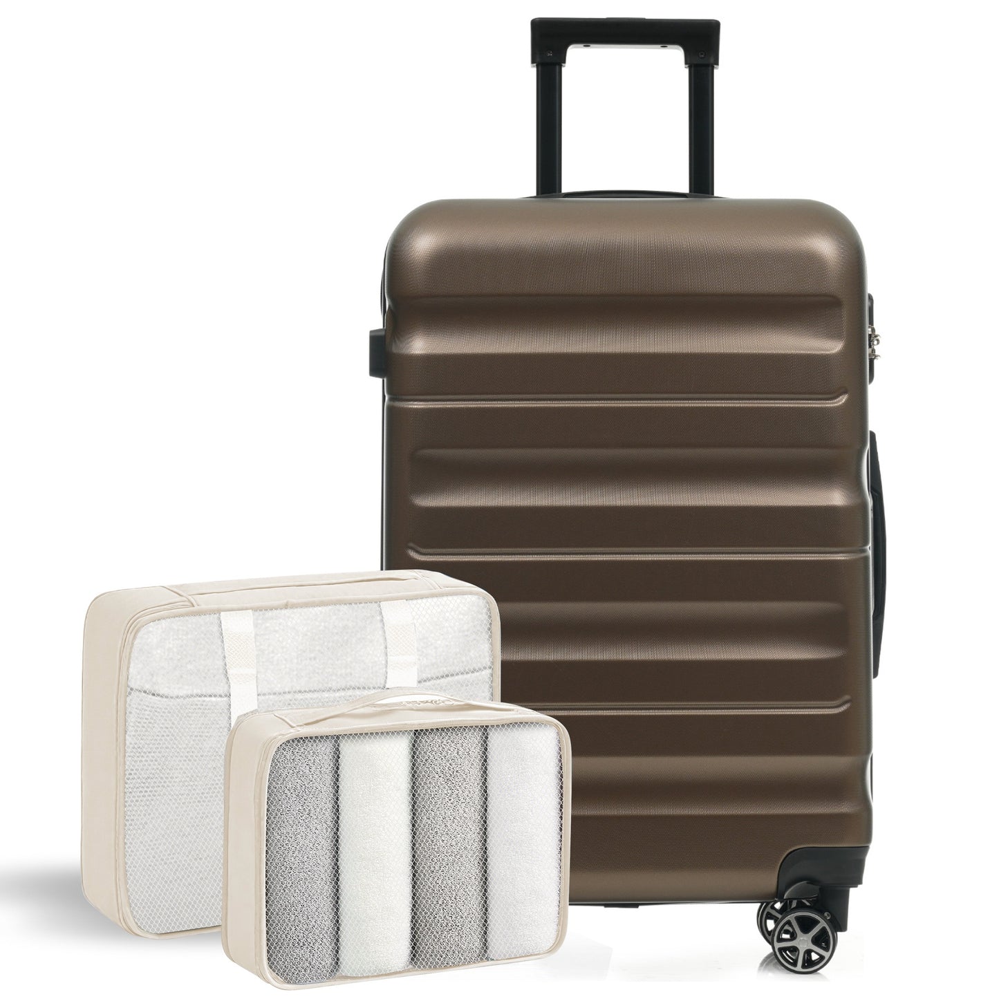 24-Inch Hardshell ABS Luggage Set with Spinner Wheels & 2 Packing Cubes - Brown
