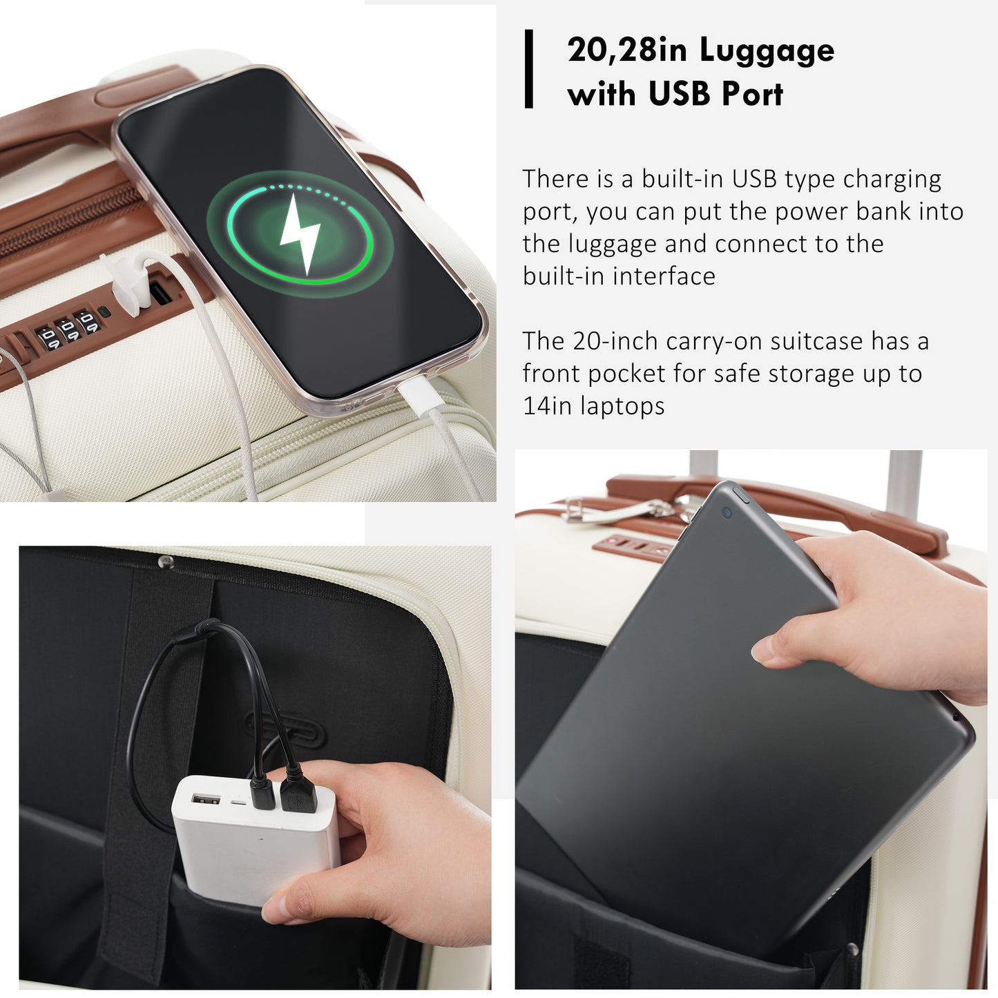 20-Inch Expandable Carry-On Luggage Set with USB Port & Cup Holder - Ivory