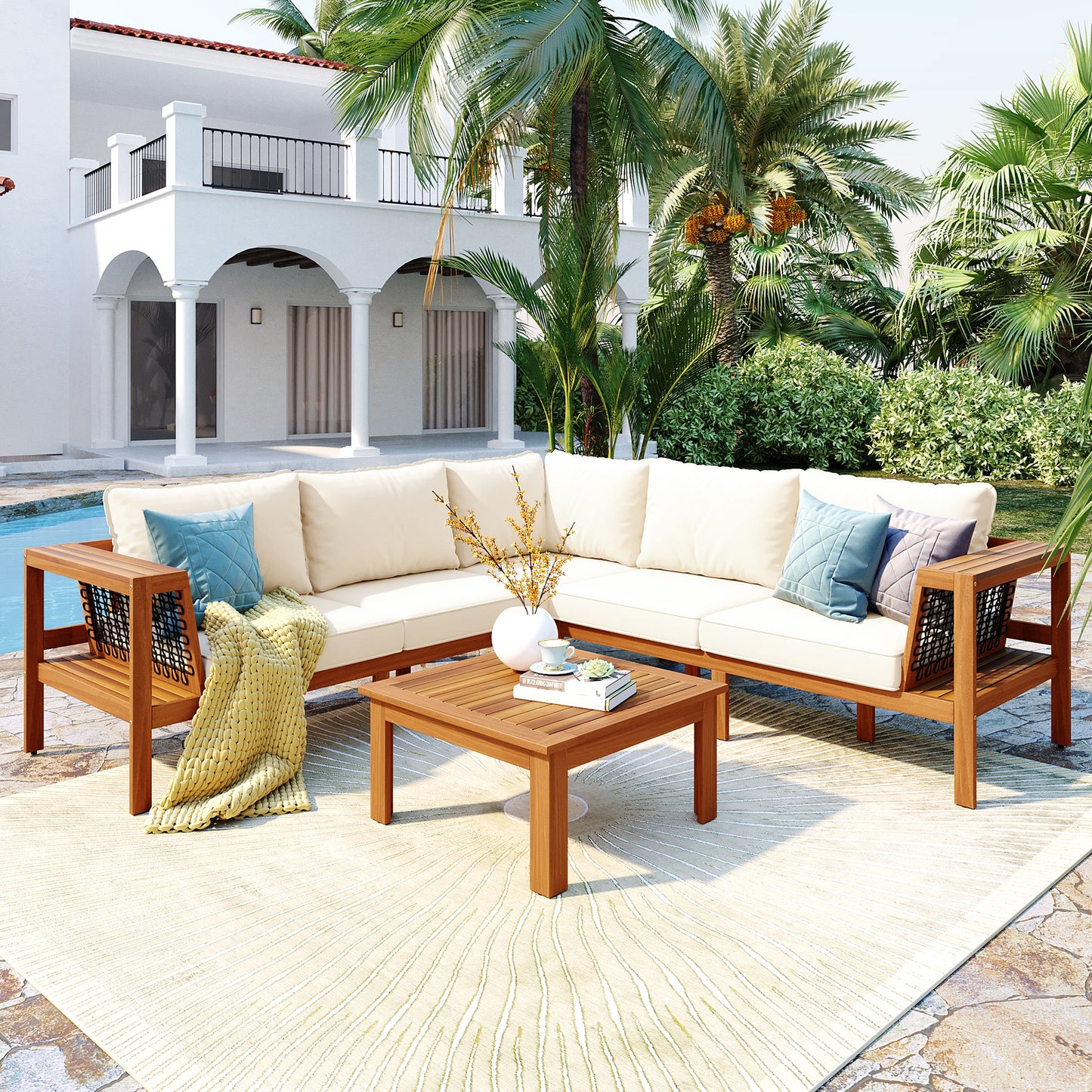 GO 4 Pieces Outdoor Acacia Wood Sofa Set, Woven Mesh Armrests,