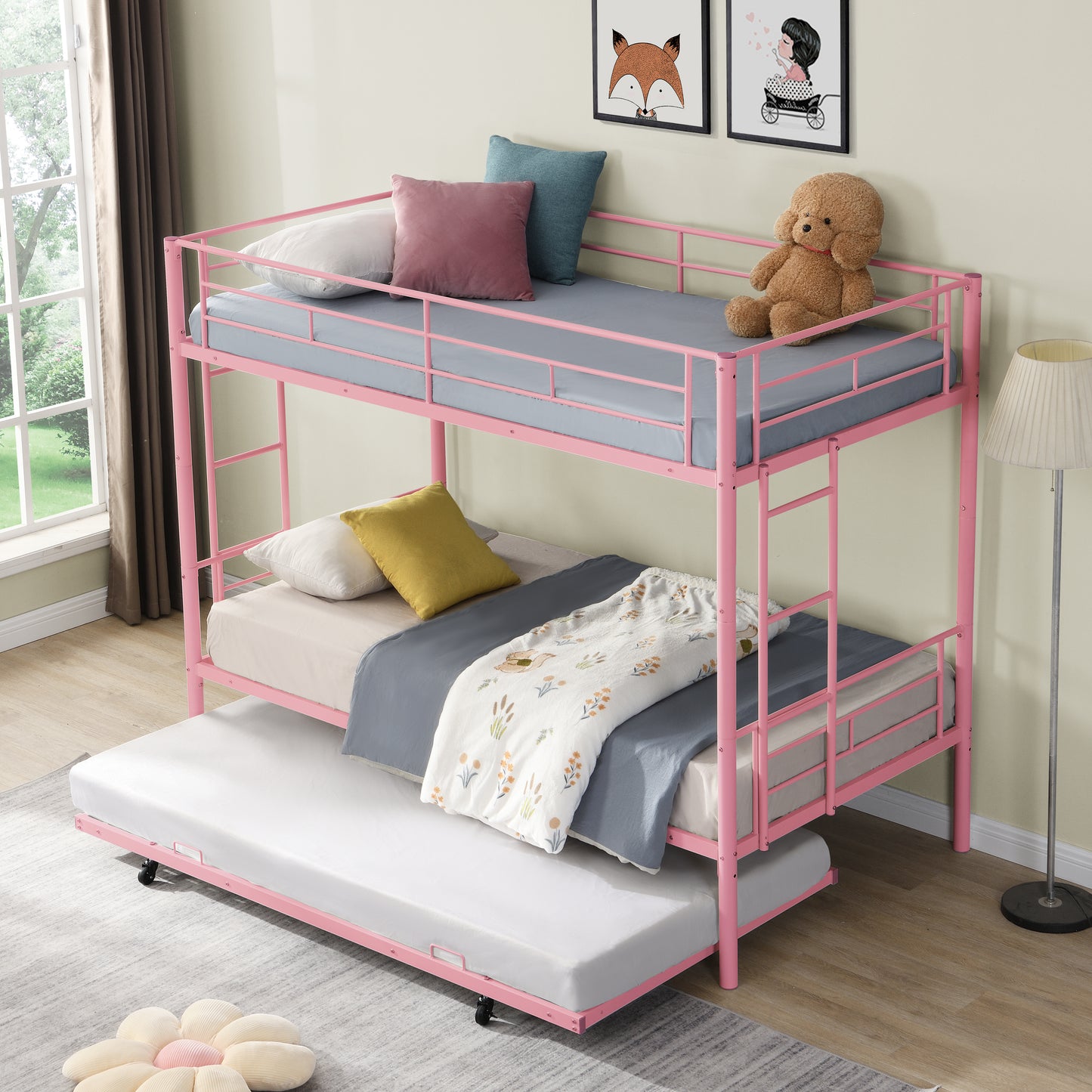 Metal Bunk Bed with Trundle in Pink - Space-Saving Design