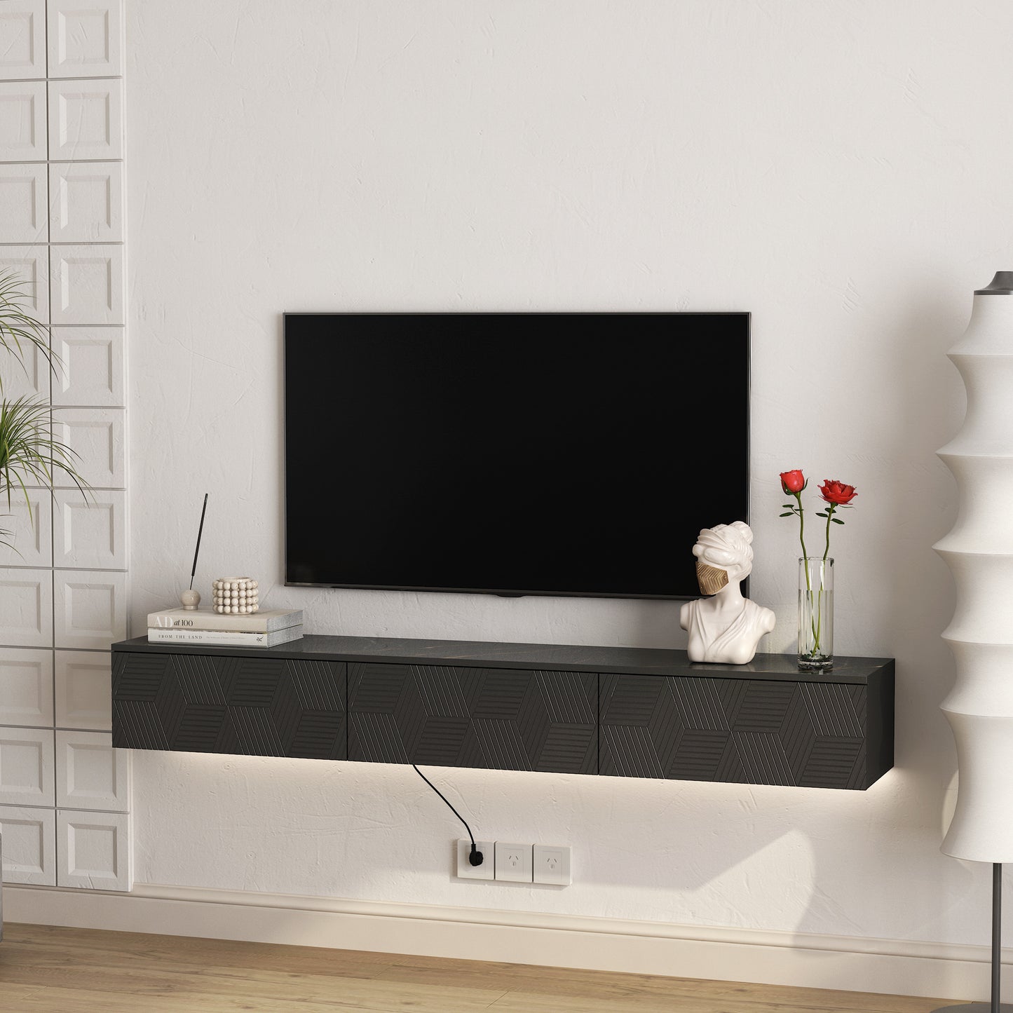Floating TV Stand Wall Mounted With 16 Color LEDs,67 Modern Stand,