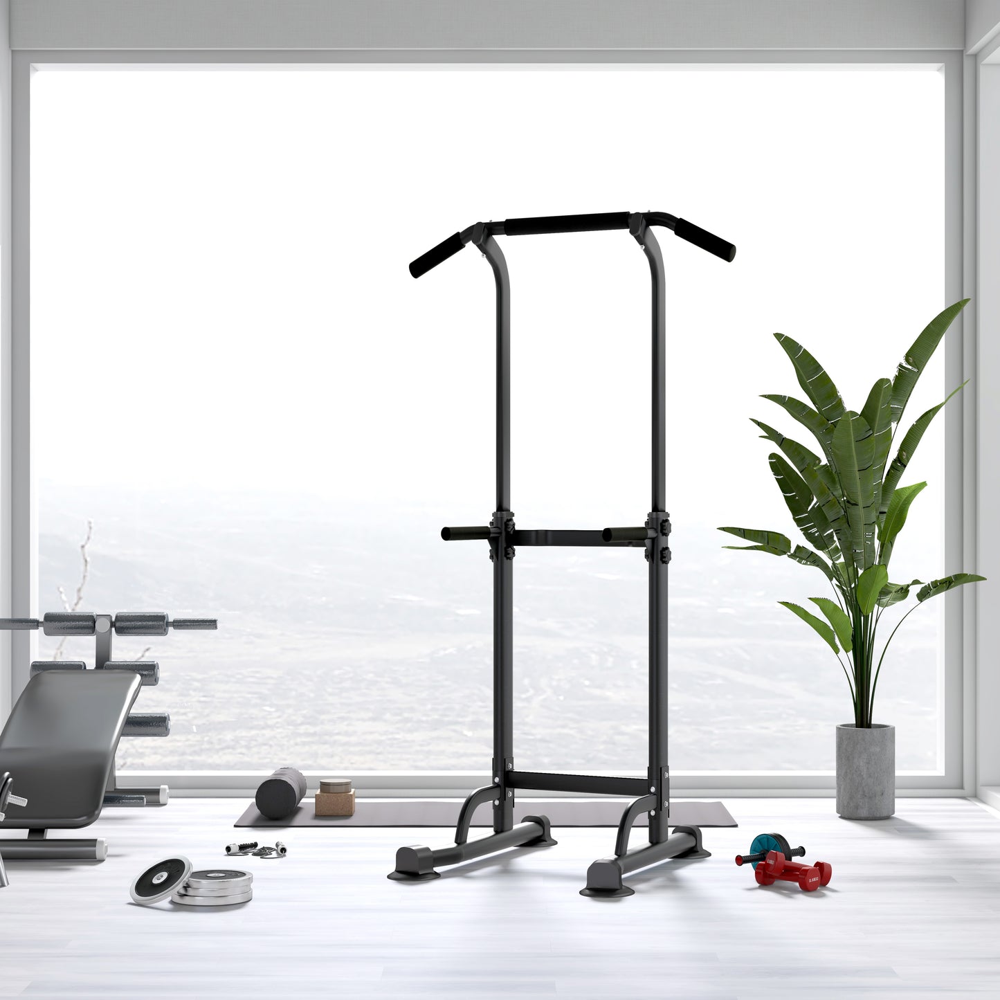 Adjustable Power Tower Pull Up Bar & Dip Station for Home Gym - Black