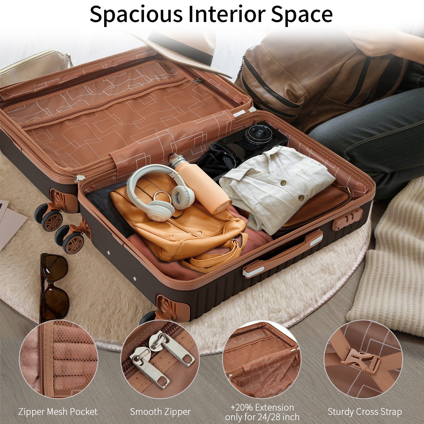 4 Piece ABS Hard Shell Luggage Set with Packing Cubes - Coffee
