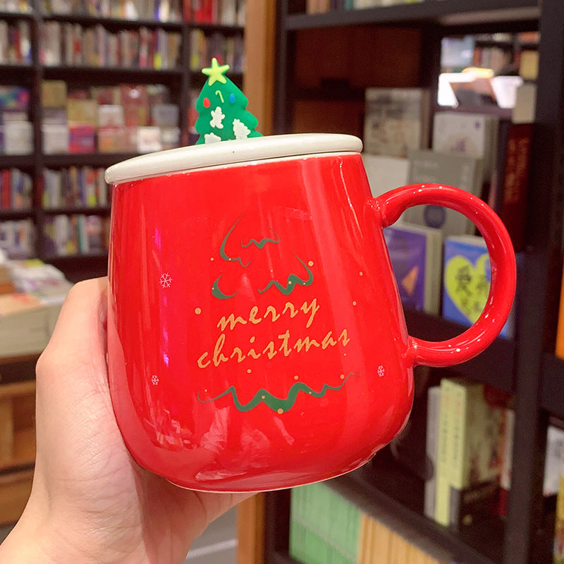 Ceramic Coffee Mug with Lid and Spoon - Nordic Style, 450ml, Christmas Variants