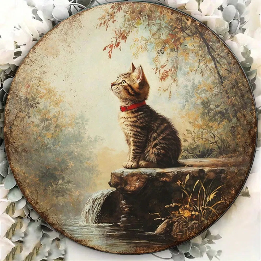Vintage Tabby Cat Wall Art - Round Metal Plaque 20cm