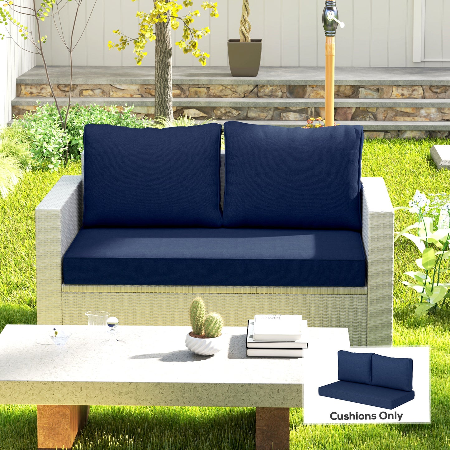 Outdoor Loveseat Cushion Set - Thick Navy Blue Cushions, 46x26x5 in