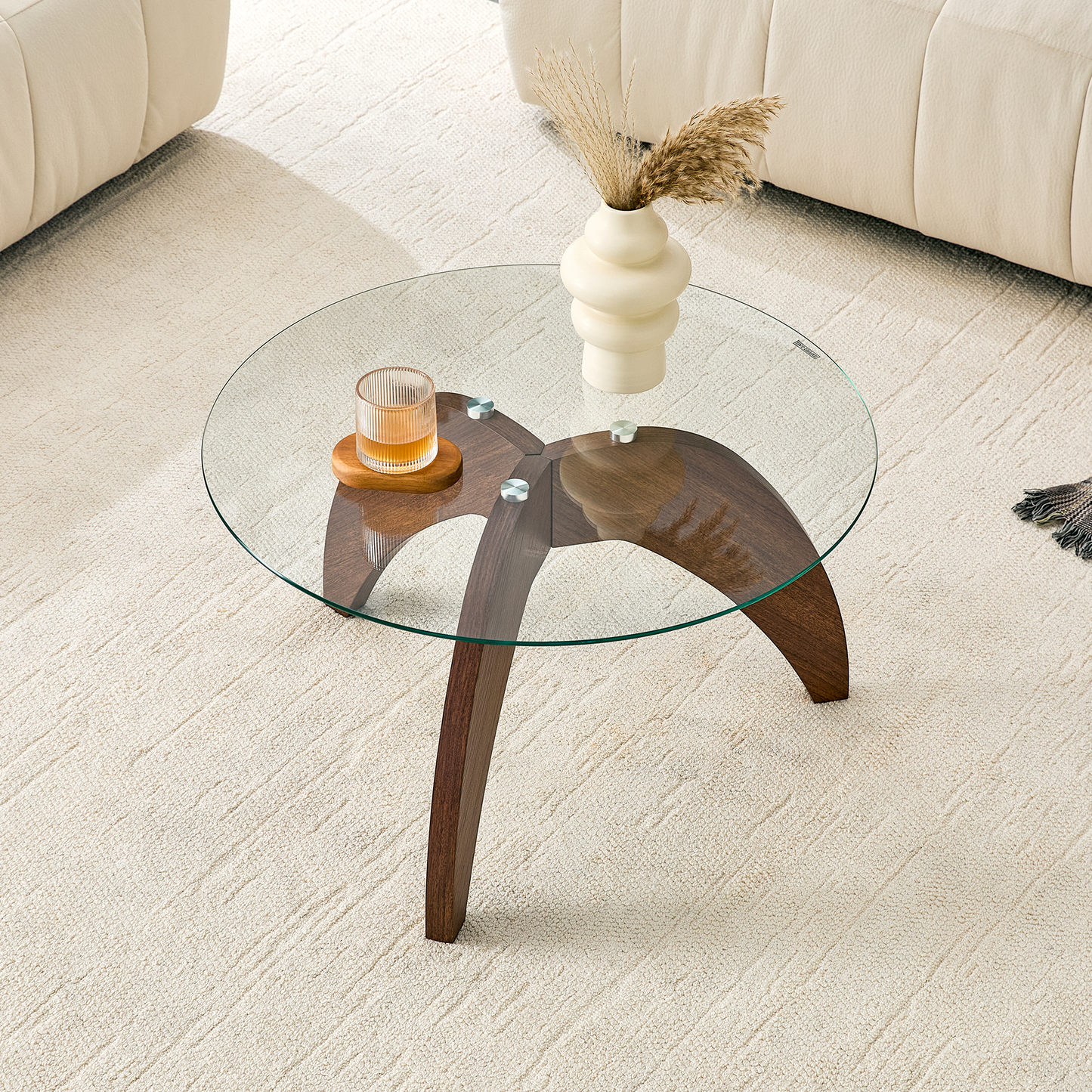 Round Coffee Table with Clear Glass Top and Walnut Legs - 27.5 Inch