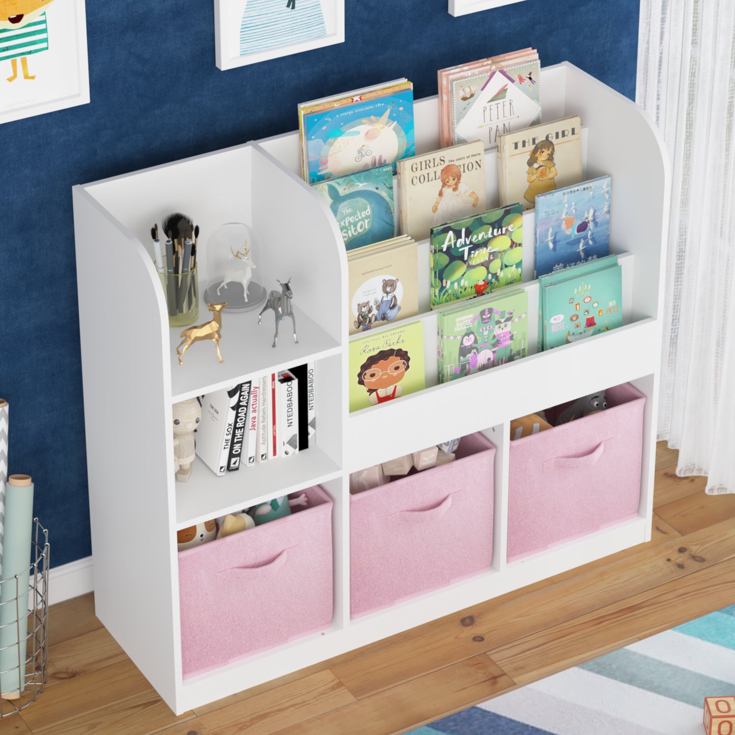 Kids Bookcase with 3 Fabric Drawers - White and Pink
