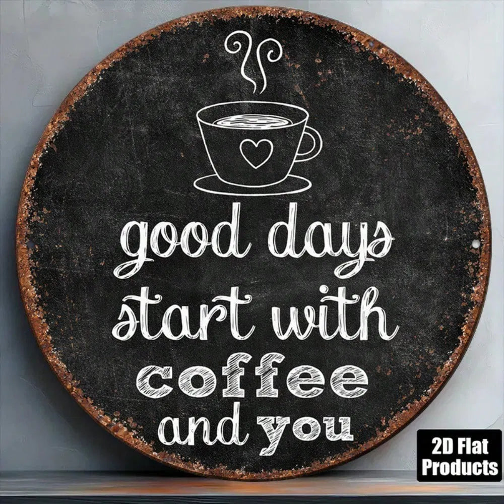 Vintage 2D Round Wall Sign - 'A Good Day Starts With' Plaque