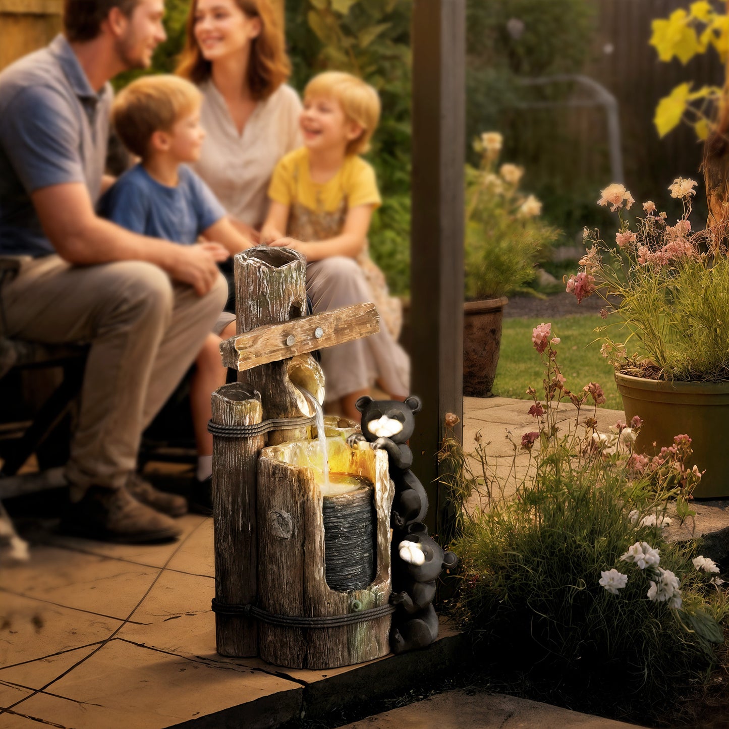 Outdoor Water Fountain with LED Lights and 3 Tiers - Rustic Resin Bears, 22.8 Inches