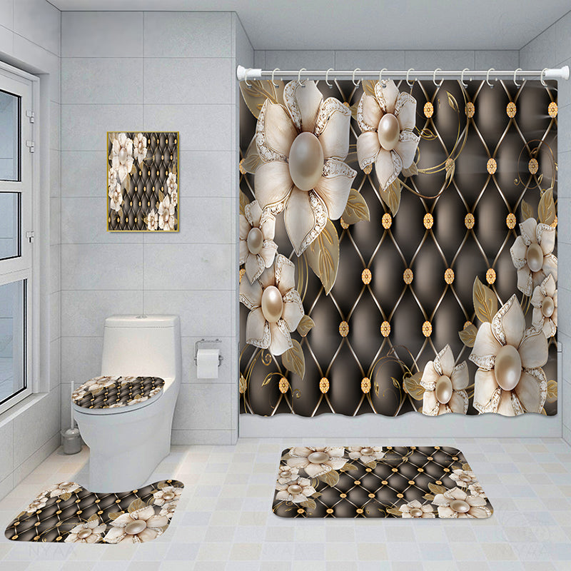 Bathroom 5-Piece Shower Curtain Set with Mat and Decorative Aluminum Frame