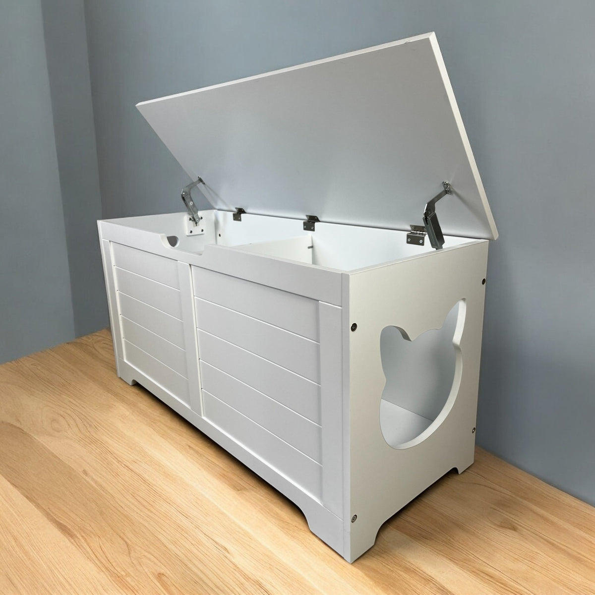 Large Open Cat Litter Box Fence Furniture - Modern White Cat House & Storage