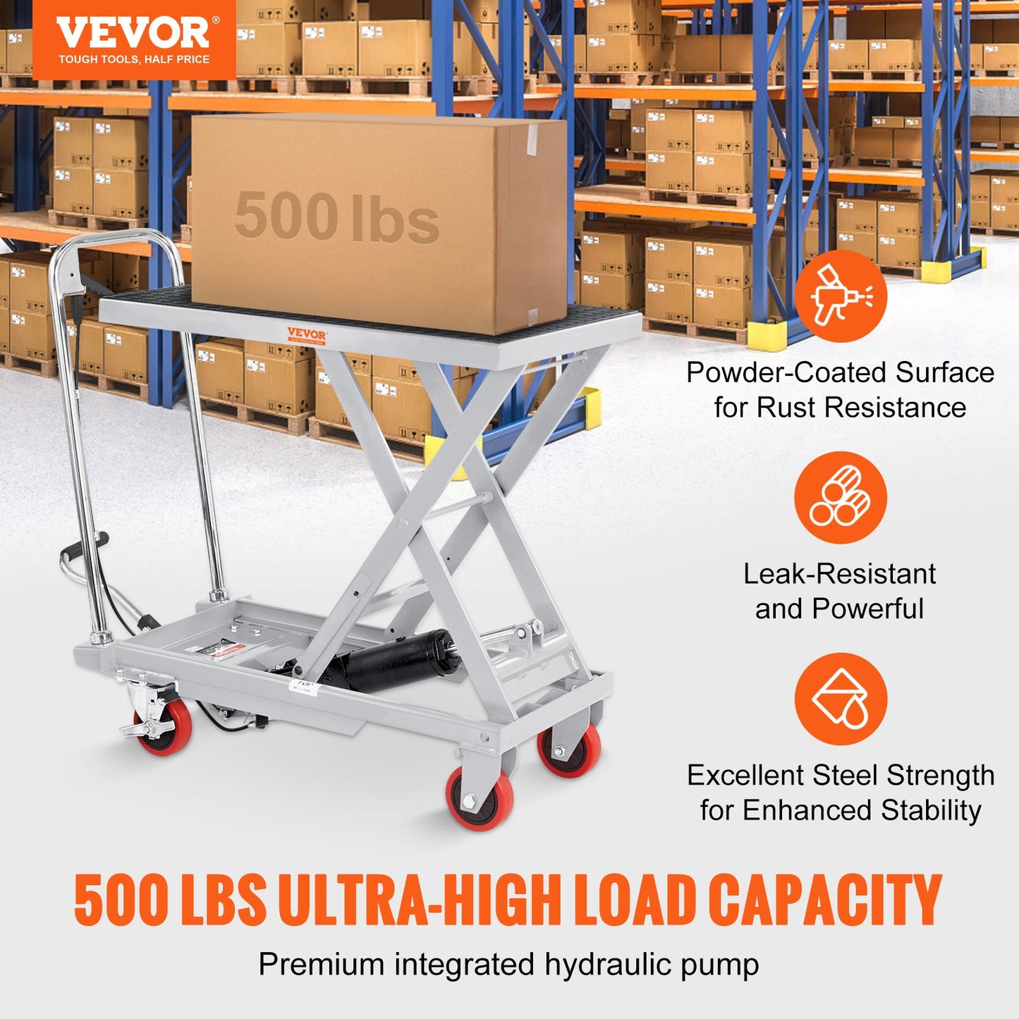 Hydraulic Lift Table Cart 500 lbs Capacity, 28.5-Inch Height, Gray Material Handling Cart