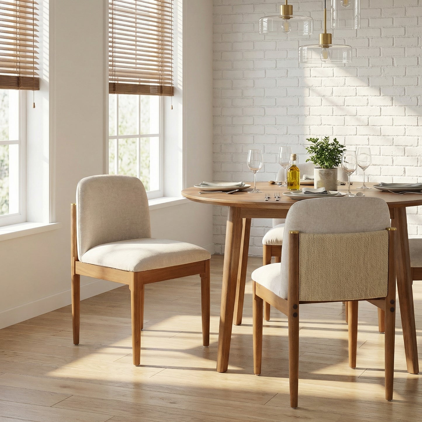 Modern Dining Chair Set of 2 with Woven Rope Backrest - Walnut