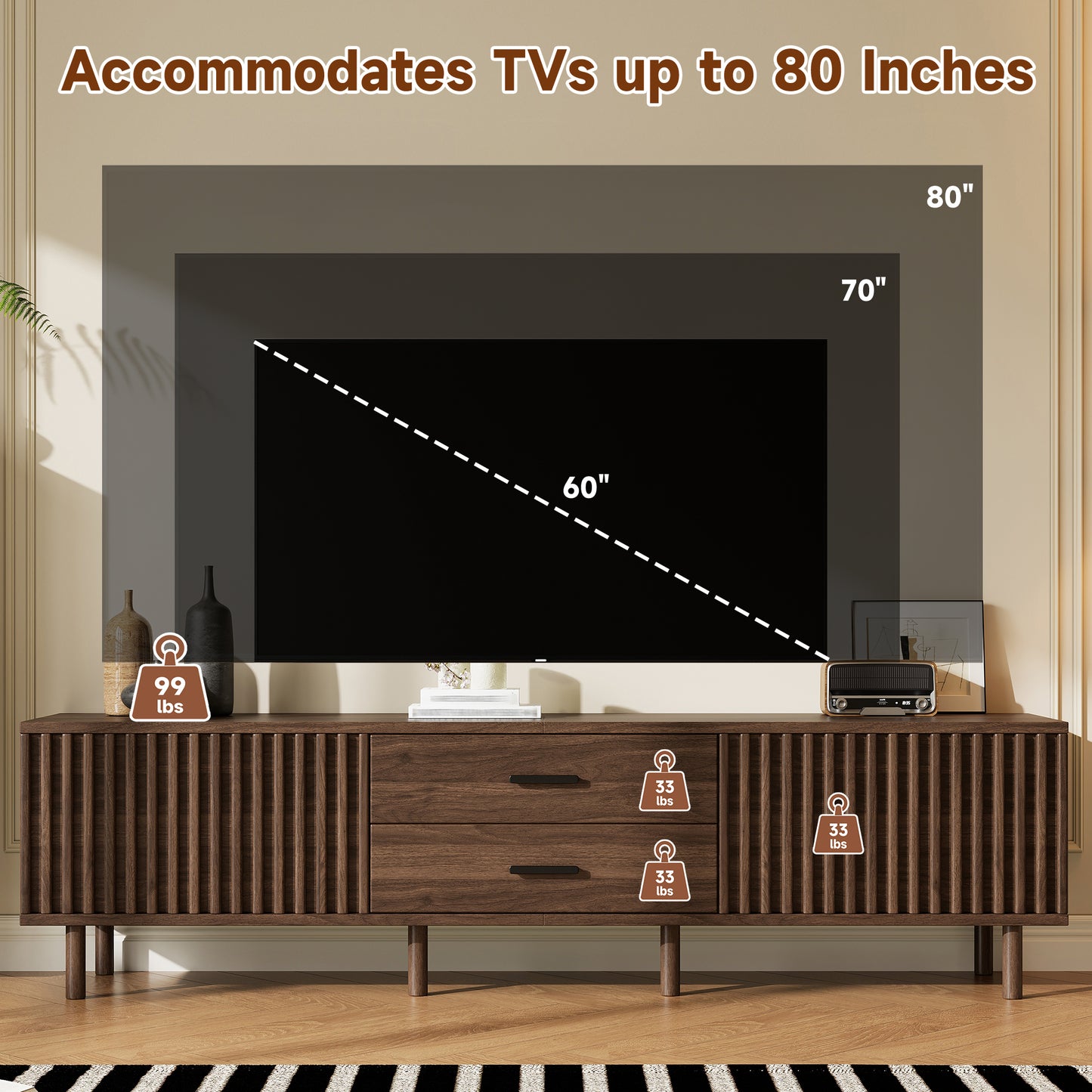 Modern 70-Inch TV Stand for TVs Up to 80 Inches - Dark Brown