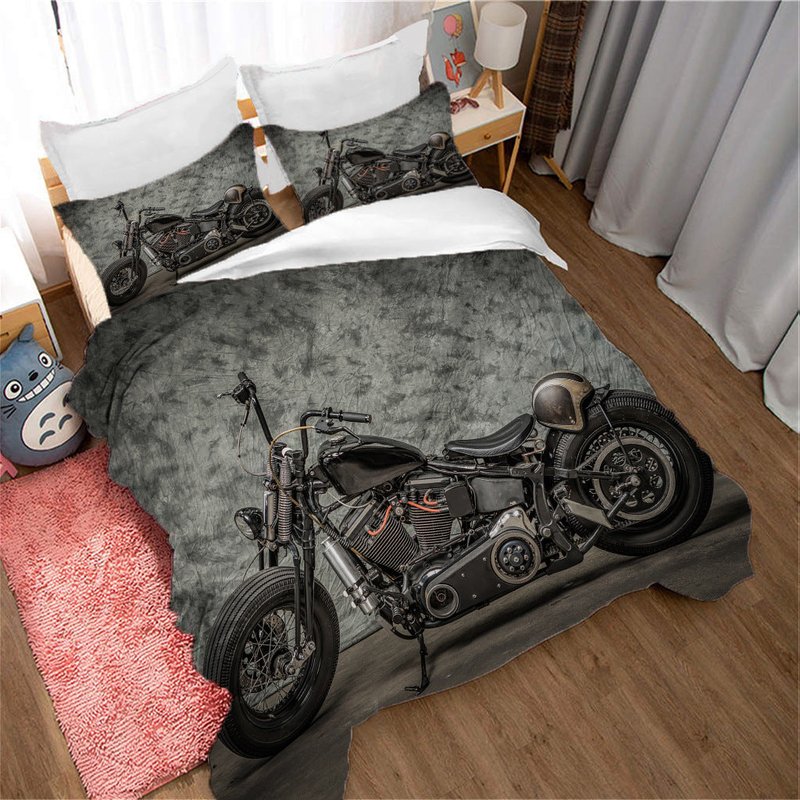 Dark Retro Motorcycle Quilt Cover Set - Bedding with Cartoon Pattern