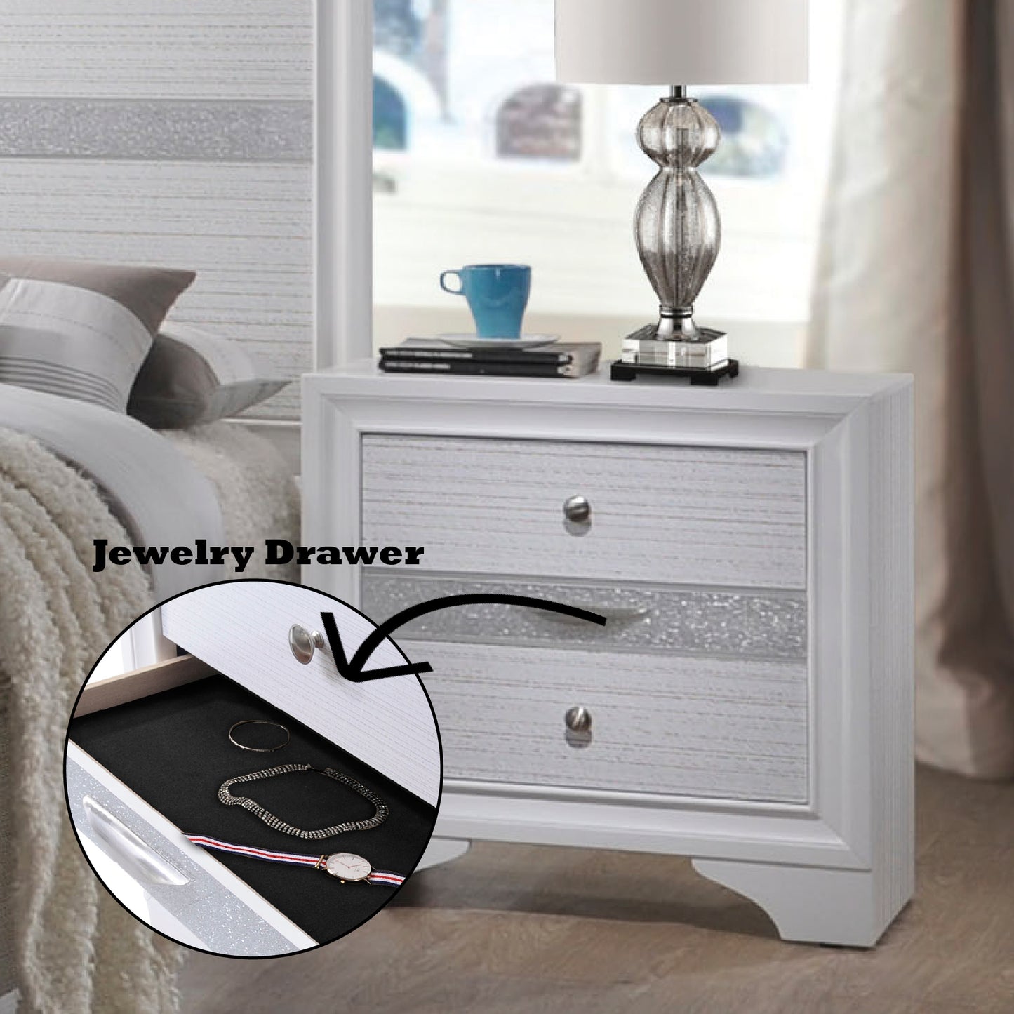 Naima White Finish Nightstand with Storage Drawers