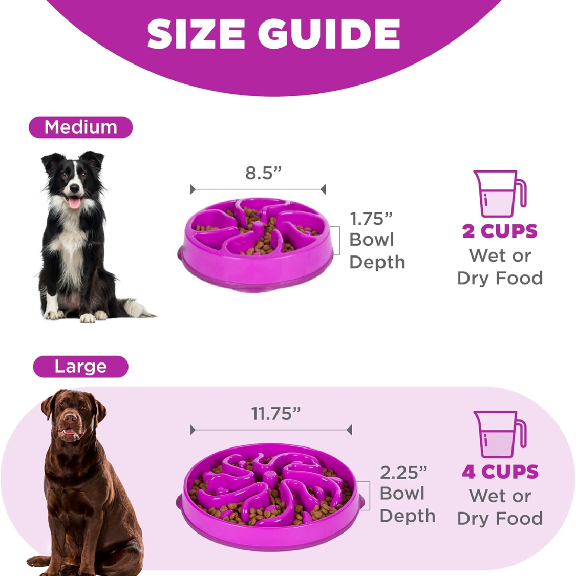 Large Slow Feed Dog Bowl - 4 Cup Capacity, Non-Slip, Purple Flower Pattern