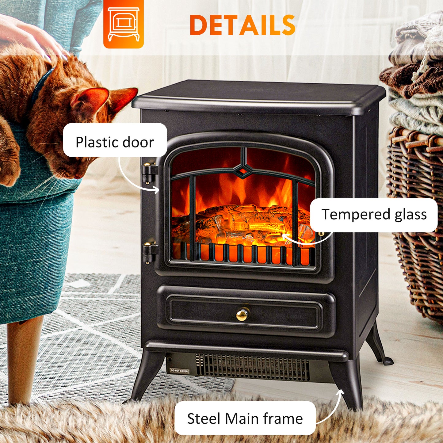 Electric Fireplace Heater with Realistic LED Flames 725W/1450W Black