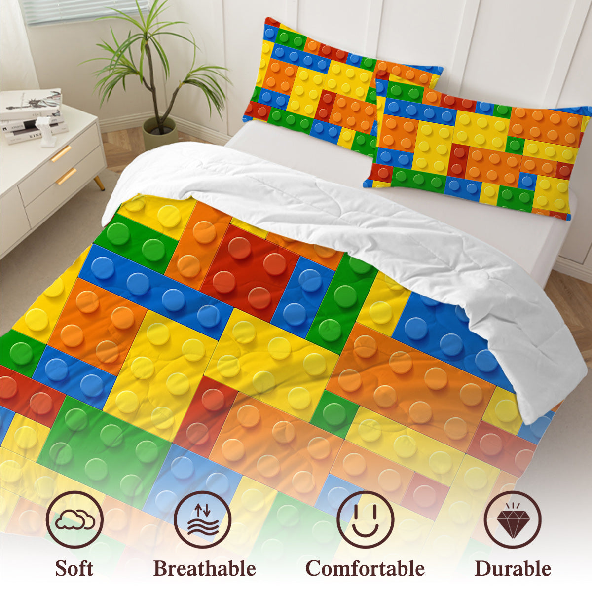 Colorful Building Blocks Comforter Set - 3 Piece Bedding Set