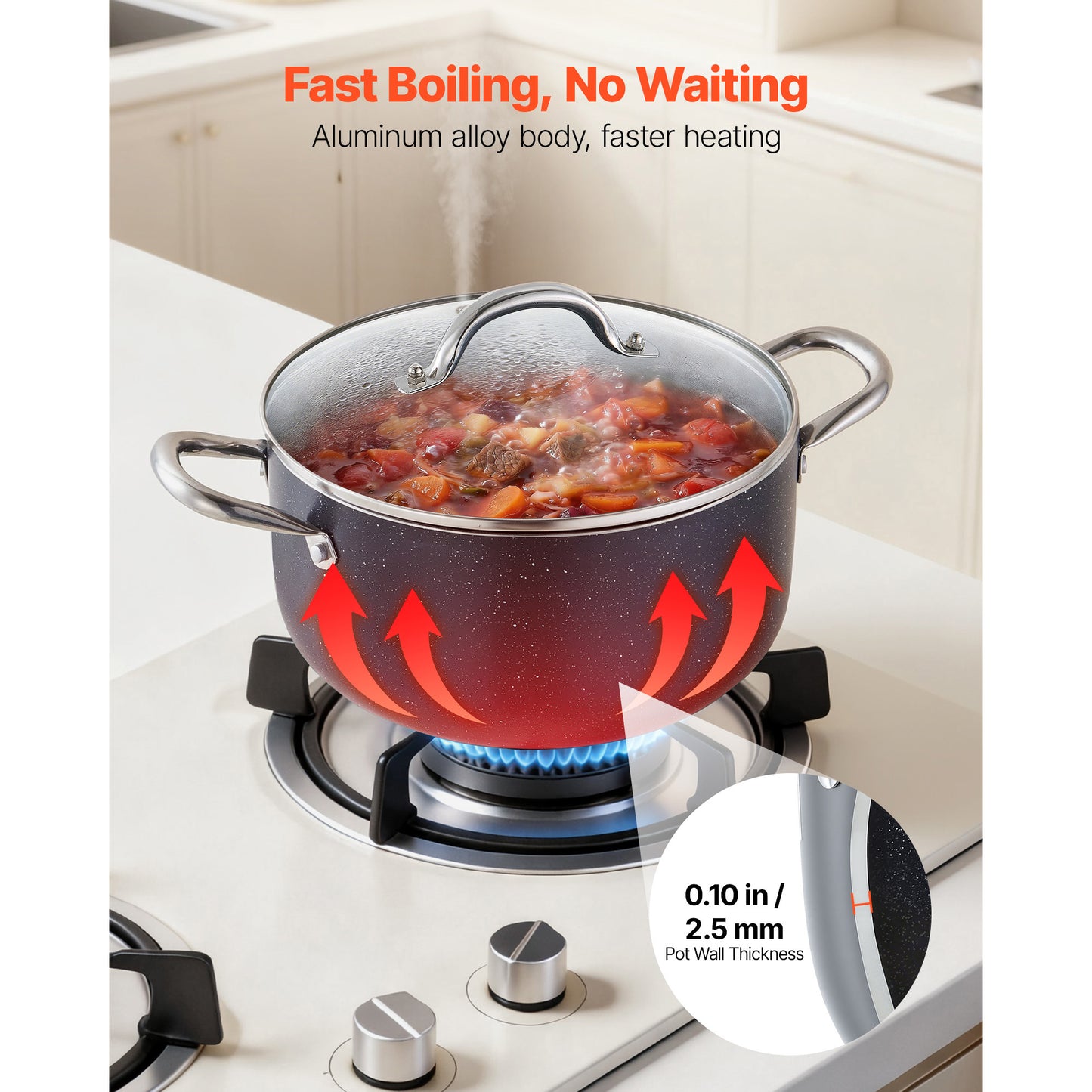 6-Quart Nonstick Aluminum Stock Pot with Glass Lid - PFOA & PFAS Free, Compatible with Gas, Induction & Electric Stoves
