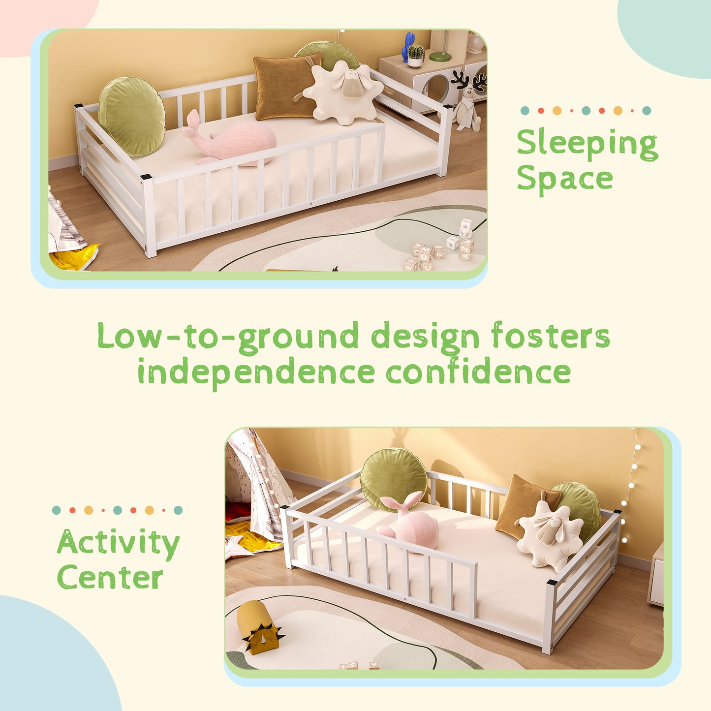 Twin Size Low Profile Metal Bed Frame with Guardrails - White