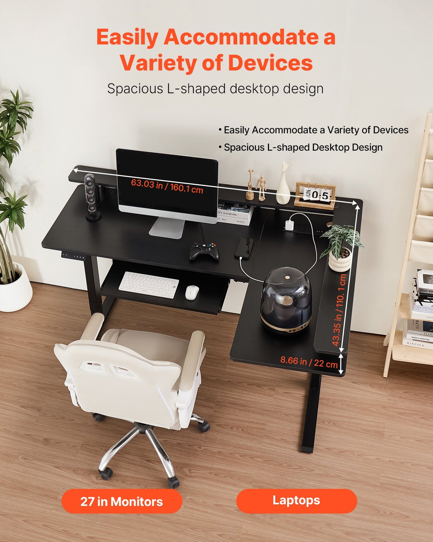 Electric Height Adjustable L-Shaped Corner Desk with Keyboard Tray