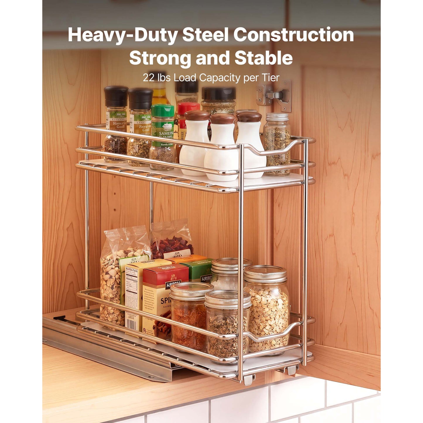 Pull Out Spice Rack Organizer for Cabinets - 2-Tier Metal Pantry Shelf, Silver