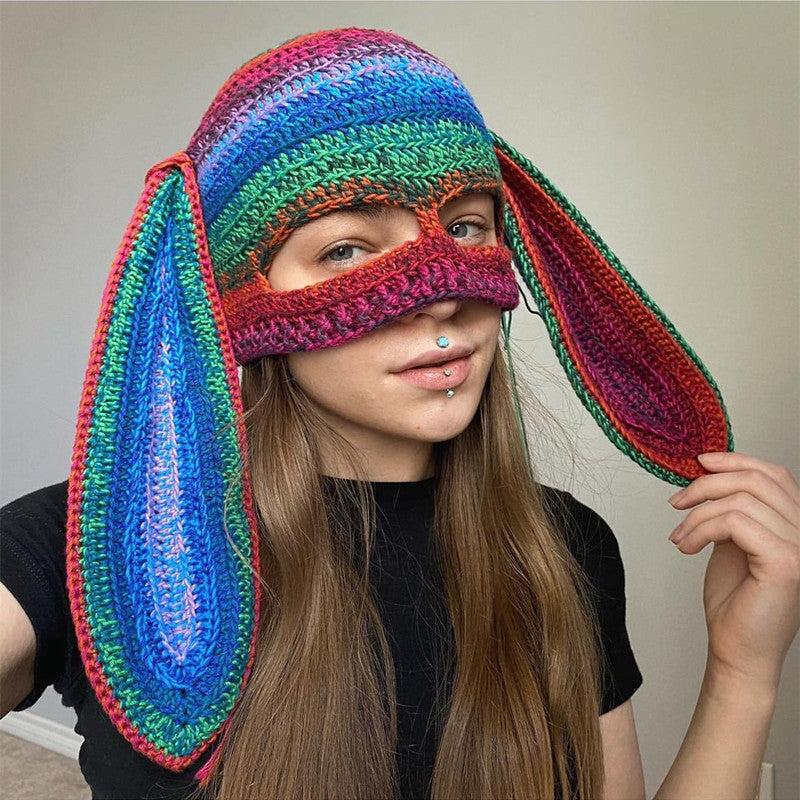 Knitted Rabbit Ear Mask Hat - Funny One-Eye Exposed Horn Thermal & Windproof