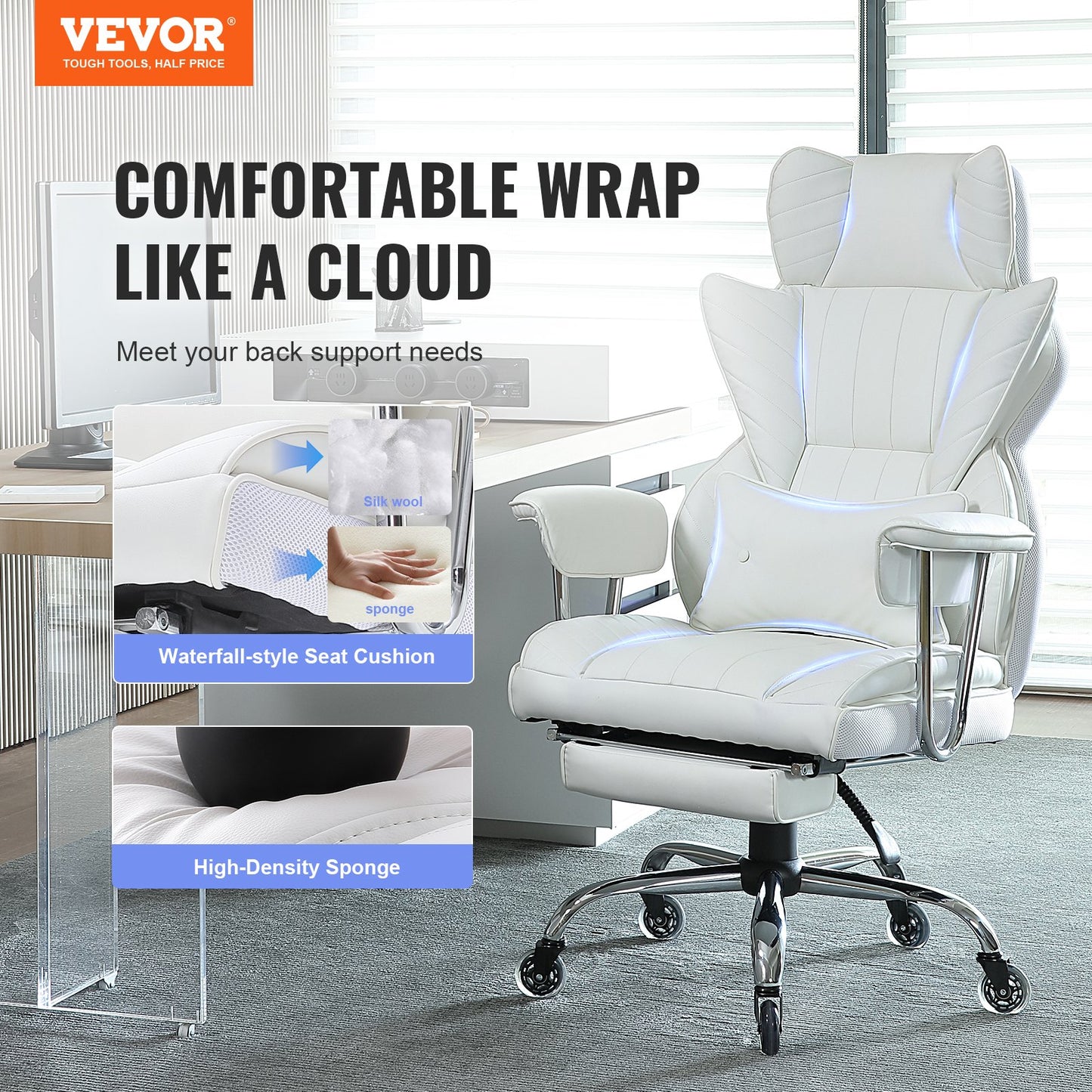 Ergonomic Reclining Office Chair with Footrest - White