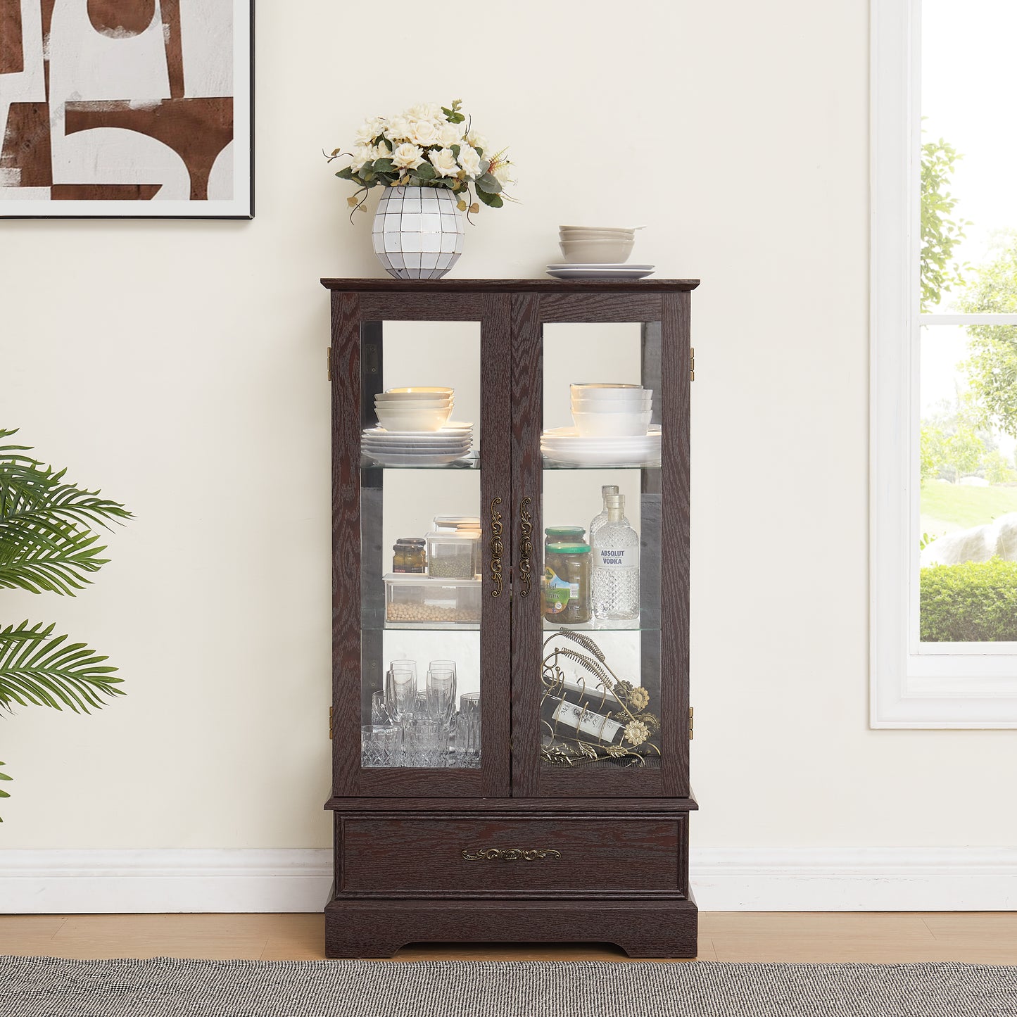 Lighted Glass Curio Cabinet with Adjustable Shelves & Drawer - Cherry
