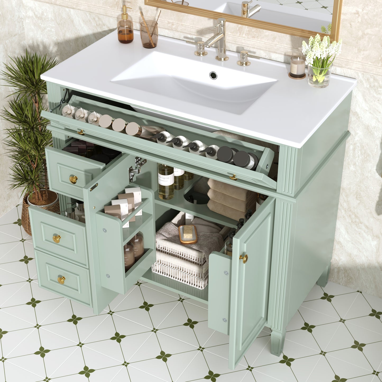 36-Inch Green Bathroom Vanity with Sink, 3 Drawers & Soft-Close Doors