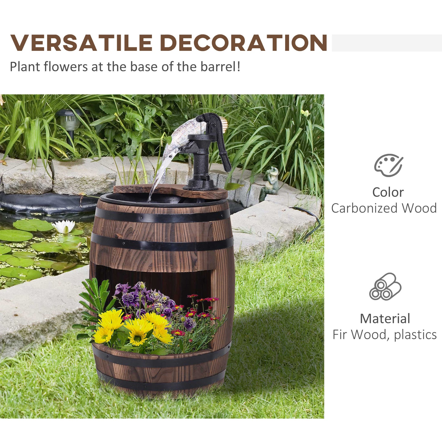 Outdoor Wooden Water Fountain Pump Garden Decor - 23 Inch, Rustic