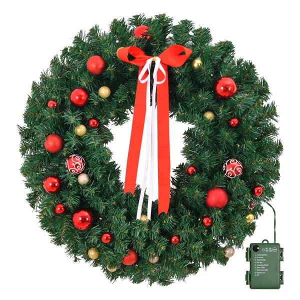 36-Inch Pre-Lit Battery Powered Christmas Wreath with 80 Warm Lights & 18 DIY Ornaments