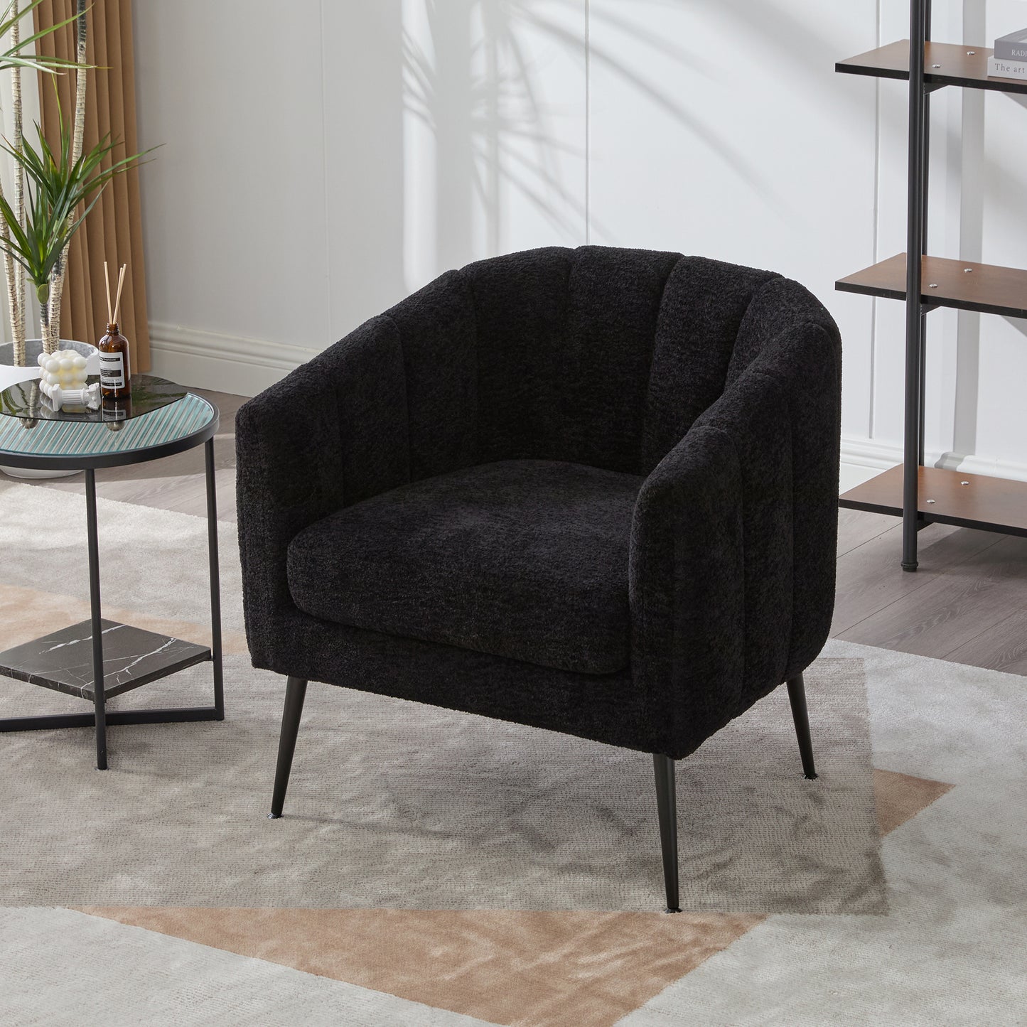 Modern Chenille Barrel Accent Chair with Metal Legs - Black