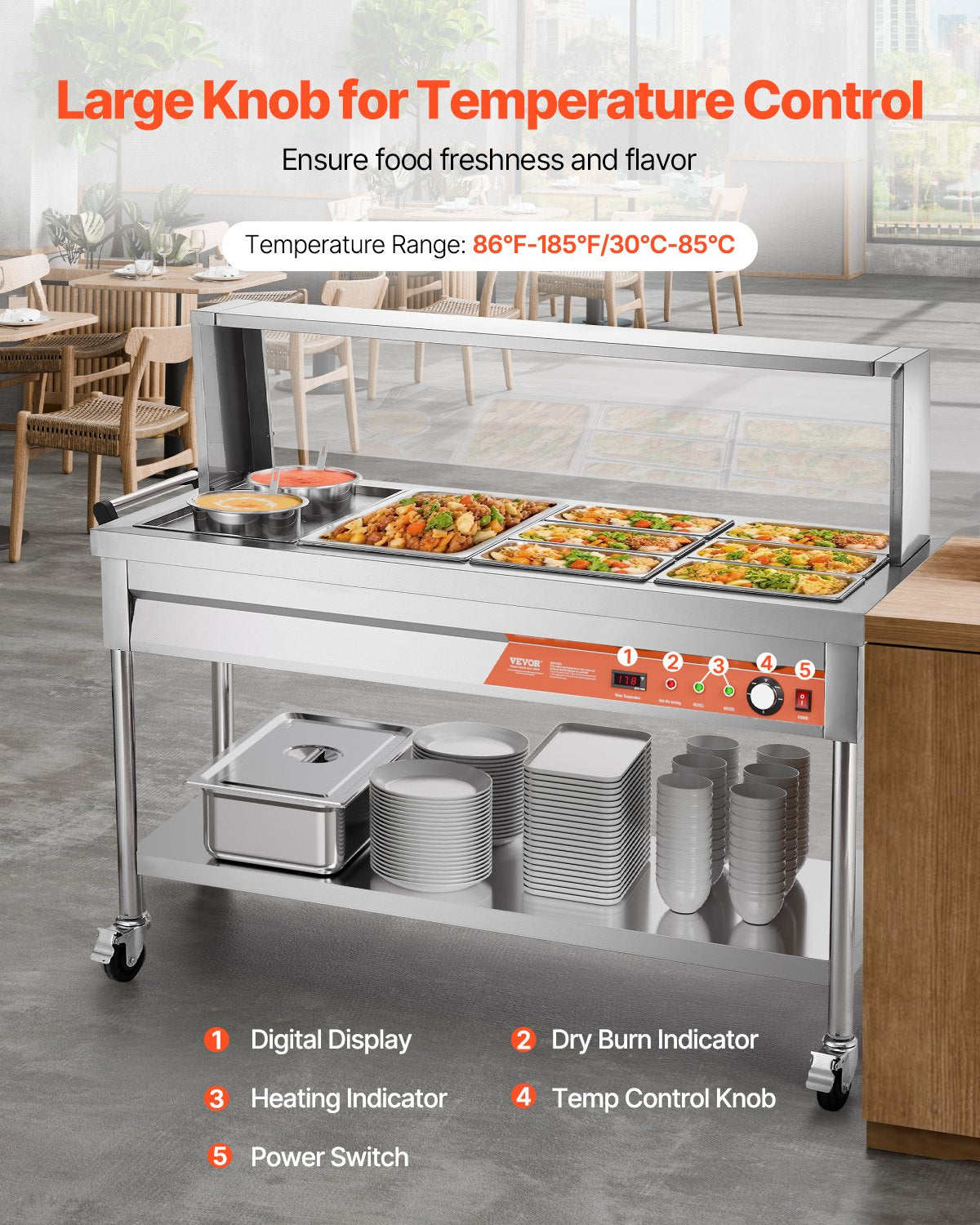 Commercial Food Warmer Steam Table with 7 Pans and 2 Pots - Silver
